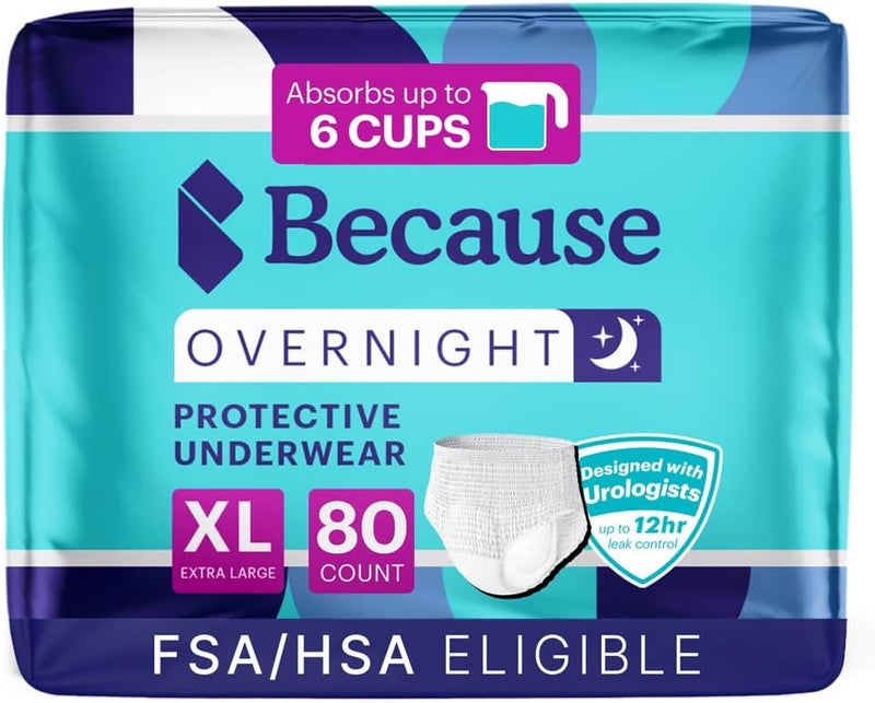 because Overnight Absorbency Pull Ups - Adult Disposable Incontinence Underwear, Extra Absorbent Nighttime Briefs for Men and Women, White, XLarge, 80 Count (4 Packs of 20) - Image 1
